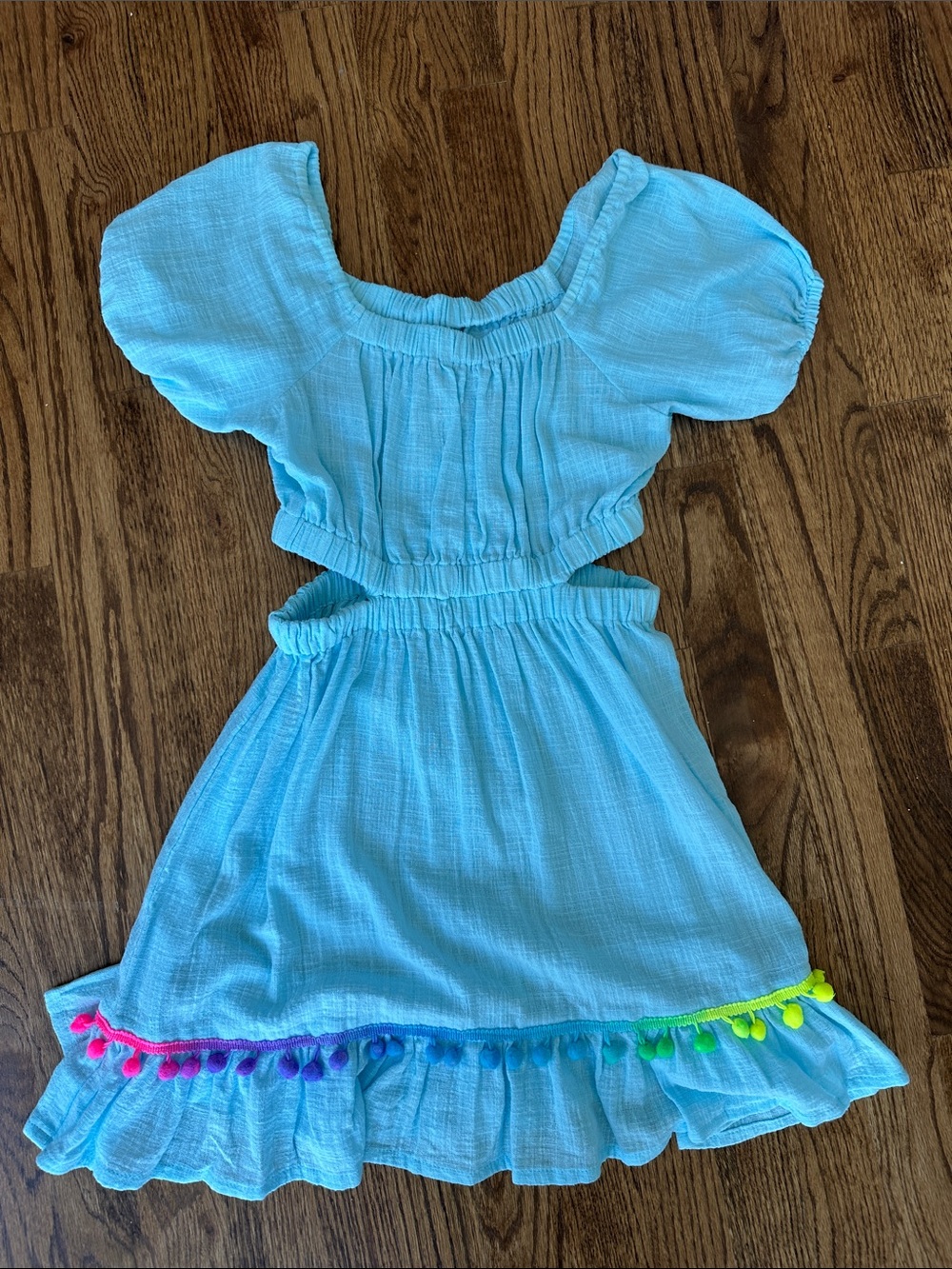 Girls' Light Blue Cutout Casual Dress with Rainbow Pom Trim